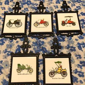 Set of five vintage classic car coasters. Ceramic tile and cast iron